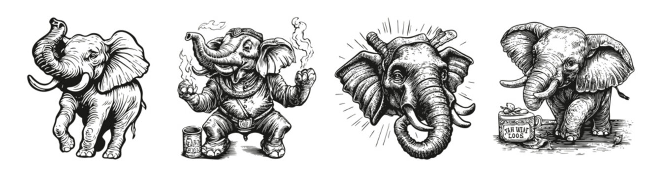 Detailed Vector Art of Four Unique Elephant Illustrations