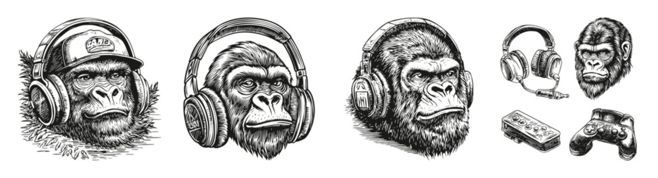 Engaging Gorillas with Headphones and Gaming Accessories Illustrations