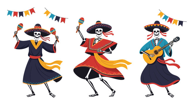 Three skeletons dressed in traditional Mexican attire celebrating Dia de los Muertos with music and dancing.