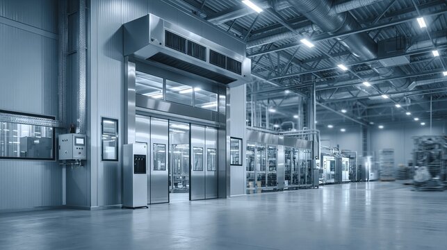 Modern industrial facility interior with large automated doors and overhead lighting, a clean production environment.