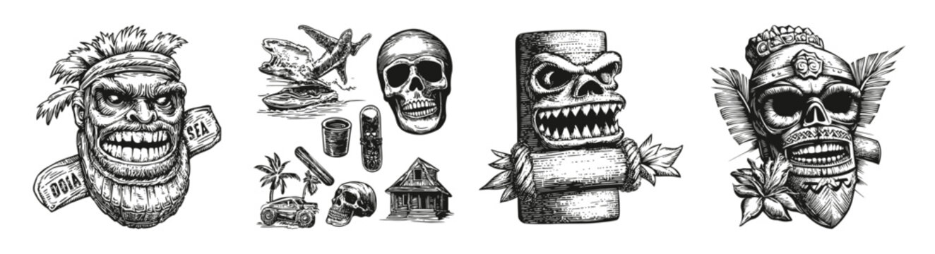 Vintage Hawaiian Surf Culture Elements with Skull and Tiki Designs
