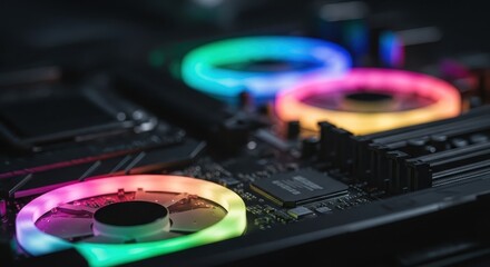 Obraz premium Close-up view of a high-performance computer's illuminated RGB gaming hardware
