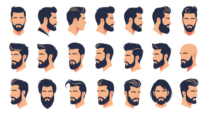 Comprehensive collection of men's facial hair and hairstyle profiles shown from different perspectives and angles.