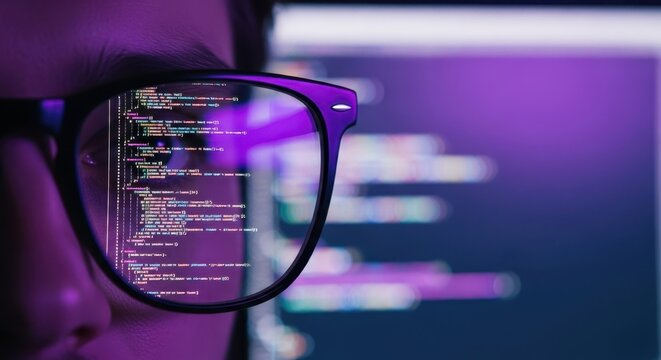 Developer Wearing Glasses Reflecting Code on a Digital Screen