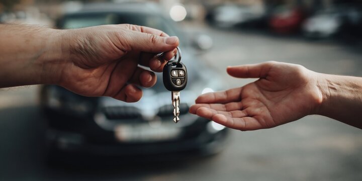 Handing Over Car Keys in Transaction or Exchange, Symbolizing Ownership Transfer
