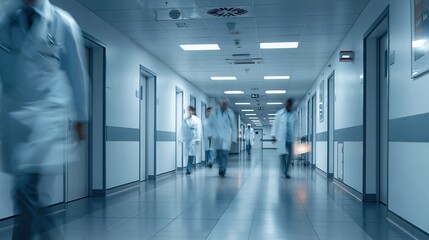 Fototapeta premium Blurred motion of medical professionals in white coats walking down a bright, modern hospital corridor with doors on either side, evoking a sense of urgency and activity within healthcare.