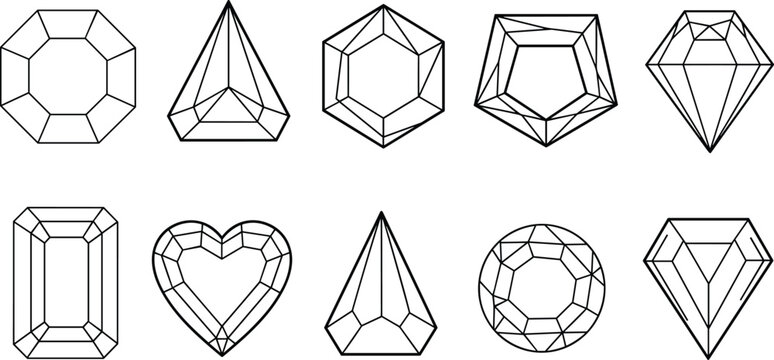 Diamond Gemstone Cut Icon Set Featuring Geometric Line Art Shapes Including Heart Emerald Round Pear and Brilliant Cuts For Luxury Jewelry Brand Logos and Graphic Designs