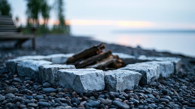 Cozy fire pit on a rocky shore with calm water and twilight sky