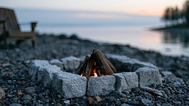 Cozy stone fire pit glows on a pebbled shore by the serene water at dusk