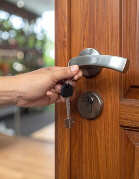A hand holding keys approaches a wooden door's lock