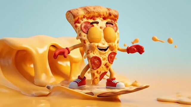Happy pizza slice character with pepperoni in 3d style