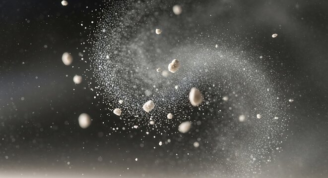 Abstract swirling white powder particles exploding in a dark background