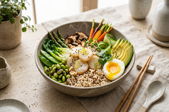 Healthy cooked teff grain bowl with a boiled egg, avocado patties, broccoli, and tomatoes on the table