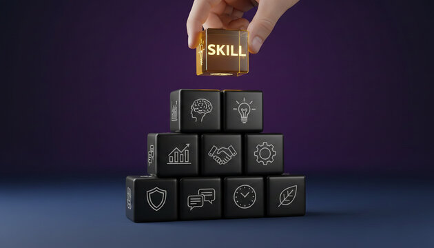 A hand places a golden cube with the word "SKILL" onto a stack of black cubes displaying business and life icons, symbolizing skill development.