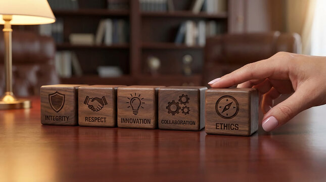 Wooden blocks with engraved business concepts like integrity and ethics, symbolizing core values and guidance in professional settings, with free space for text
