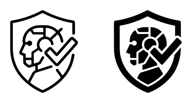 AI Security Shield Icons, Robot Protection Symbol, Artificial Intelligence Safety Emblem, Cybersecurity Assurance Vector Graphics
