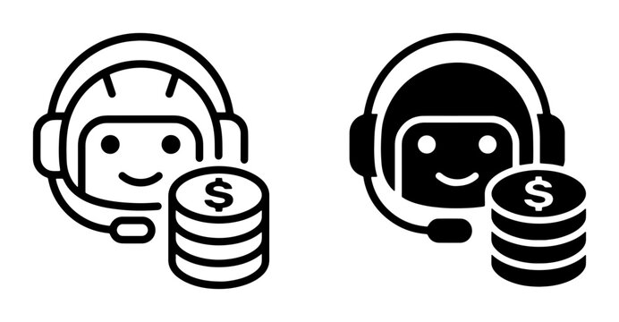 Customer Service Bot Icon, AI Assistant with Coins, Digital Support and Finance Vector Graphics