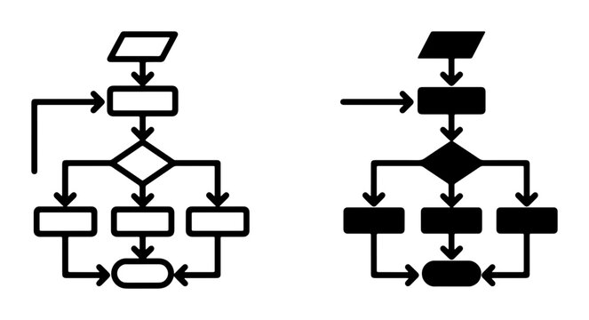 Flowchart Icons Set, Process Diagram Symbols, Algorithm Logic Steps, Decision Tree Graphics, Vector Shapes for Business and Technology