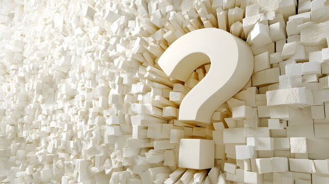 Abstract 3D Question Mark Symbol Emerging from White Geometric Cubes and Scattered Blocks Background