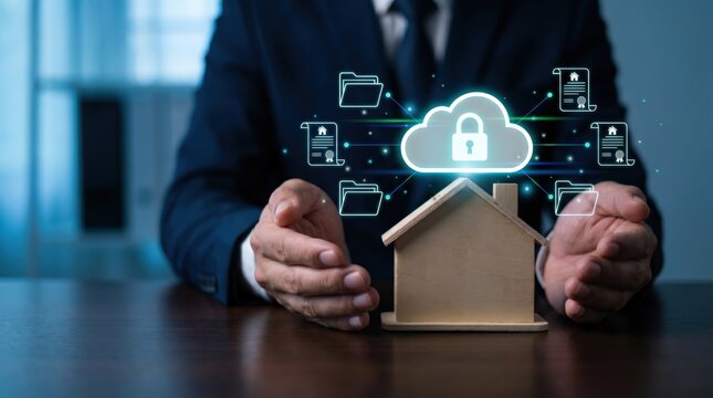 Cloud Property Management Concept: Businessman Hands Protecting Home Model with Glowing Holographic Storage Interface