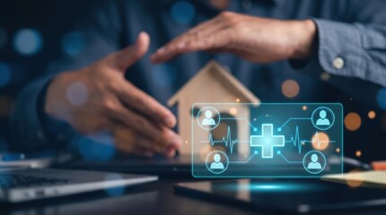 Fototapeta premium Digital Healthcare and Family Protection Concept: Luminous Cyan Holographic Medical Interface Floating Over Blurred Workspace