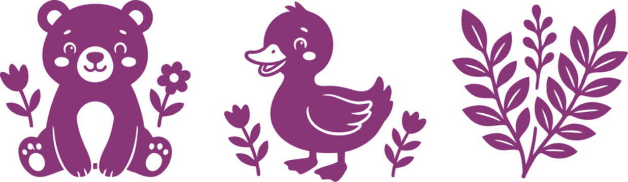 Purple teddy bear duck and leaf wall decals