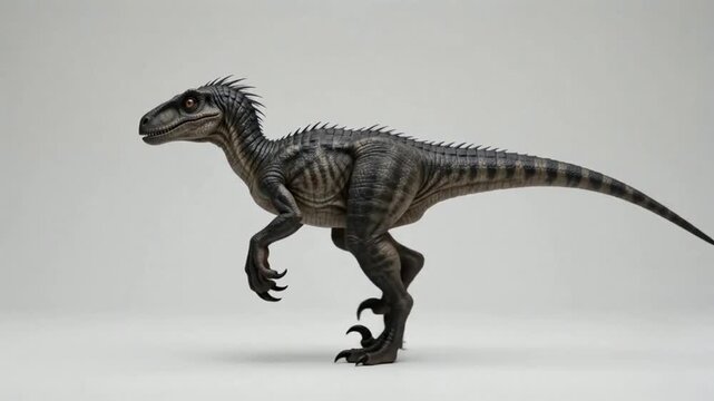 Realistic 3D render of a theropod dinosaur raptor in profile view on a white background
