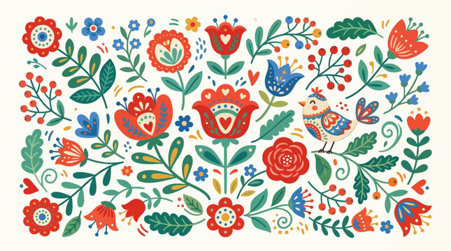 Traditional folk art floral pattern with birds and blooming flowers in vibrant colors