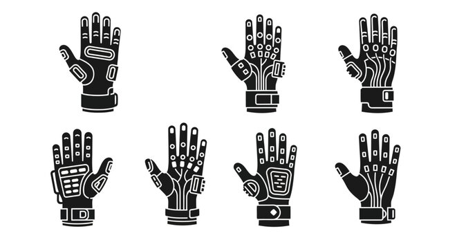 Futuristic Cyberpunk Gloves Set: Technology, VR, Gaming, Robot Hands Icons