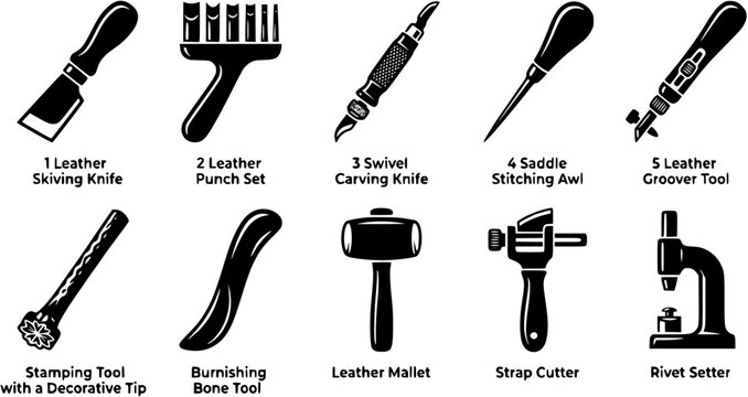 Set of ten professional leathercraft tools including skiving knives, stitching awl and mallet, Leather working equipment icons for craft and hobby projects.