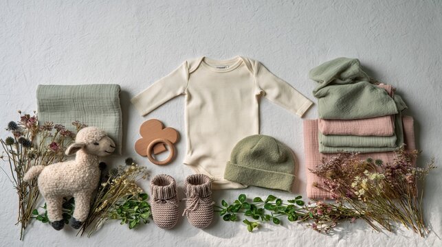Cozy Newborn Essentials Arranged Artfully: Organic Baby Clothes, Soft Toys, and Natural Elements