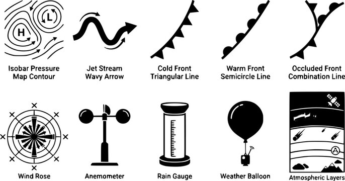 Set of ten weather icons featuring meteorological symbols including pressure map contours, front types, wind measurement instruments and atmospheric layers