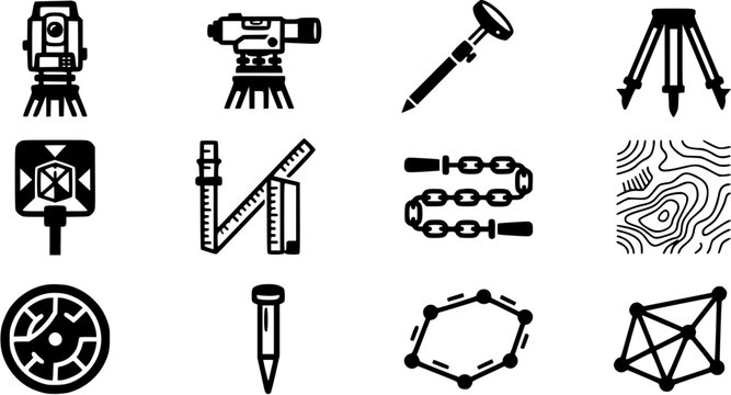 Set of land surveying and geodetic equipment icons including total station, tripod, leveling rod and topographic map symbols.