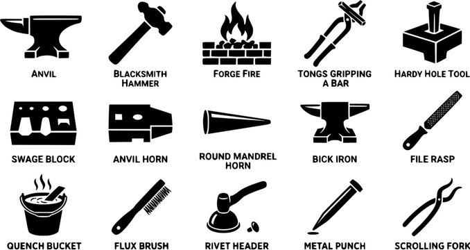 Set of black silhouette blacksmith tools and equipment including anvil, hammer, forge, and tongs for metalwork craft