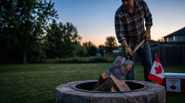 Man in plaid shirt splits firewood with axe for campfire, Canadian flag, twilight, embodying national outdoor spirit and rustic charm
