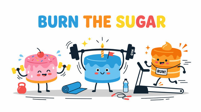 Sweet animated treats getting fit, lifting weights and running to burn off sugar and promote a balanced, active lifestyle concept