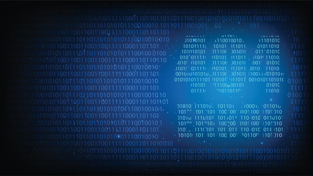 Digital binary code forming a glowing 404 error page text shape for tech concepts with dark blue background