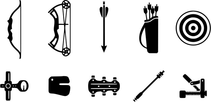 Set of archery equipment icons including recurve bow, compound bow, arrows in quiver, and target with accessories.