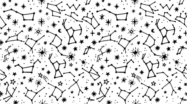 Seamless pattern with hand drawn celestial constellations and stars on a white background