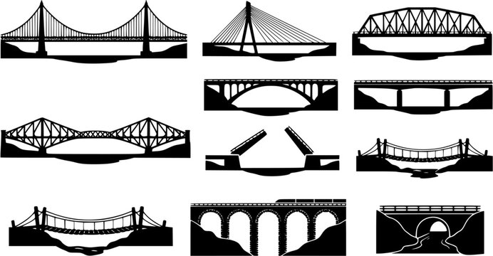 Set of black bridge silhouettes including suspension, arch, truss, and bascule structures isolated on white background