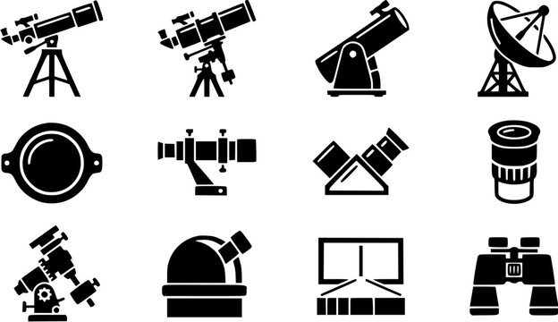 Set of astronomy and telescope icons representing space observation equipment for research and stargazing