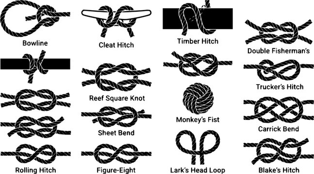 Collection of common rope knots and hitches in black silhouette style for sailing and climbing