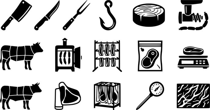 Set of monochrome butchery and meat processing icons featuring tools, cuts of beef and preparation equipment.