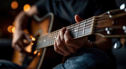 Obraz premium Close-up of a person playing an acoustic guitar, focusing on the hands and strings with a blurred background.