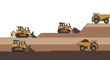 Construction site with bulldozers and dump trucks working on earthmoving and excavation. © mandu