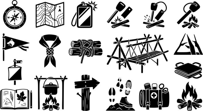 Set of scouting and camping equipment icons including navigation tools, survival gear, campfire symbols and outdoor adventure elements
