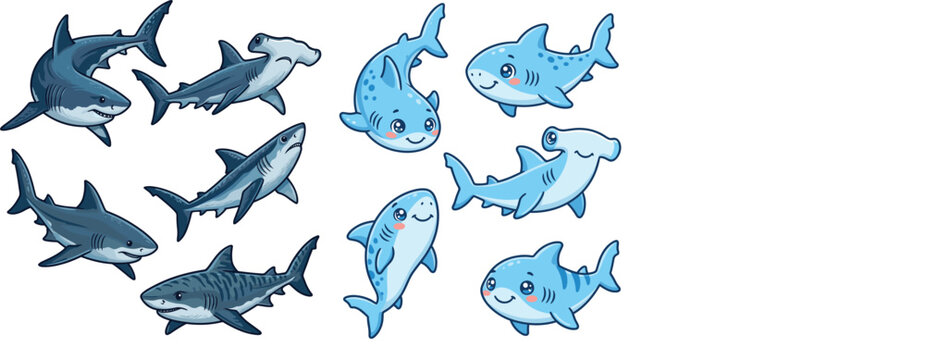 Cartoon Shark Collection &ndash; Realistic and Cute Kawaii Shark Vector Illustration Set