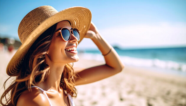 Mujer joven sonriente con sombrero y gafas de sol disfrutando del verano en la playa, concepto de vacaciones, bienestar, libertad, turismo, viajes y ocio