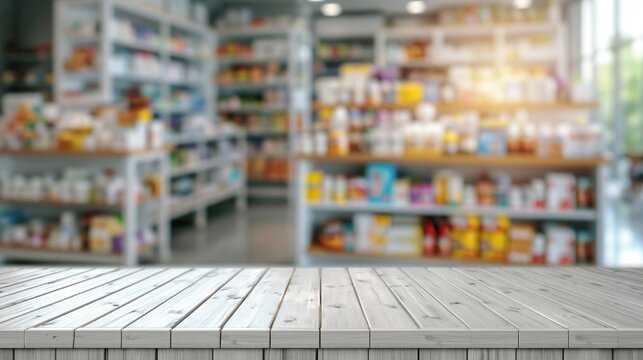 Blurred Pharmacy Interior with Shelves Stocked with Health and Wellness Products and Foreground Wooden Table