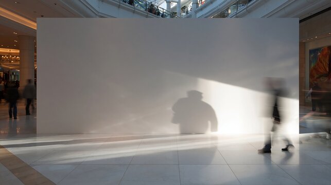 Sunlight casting shadows on a blank wall inside a modern shopping mall with blurred people